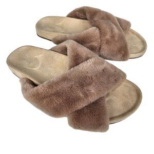 Birdies "Robin" Faux Fur Cross-Band Slip-On Slippers Comfort‎ Beige Womens 8.5